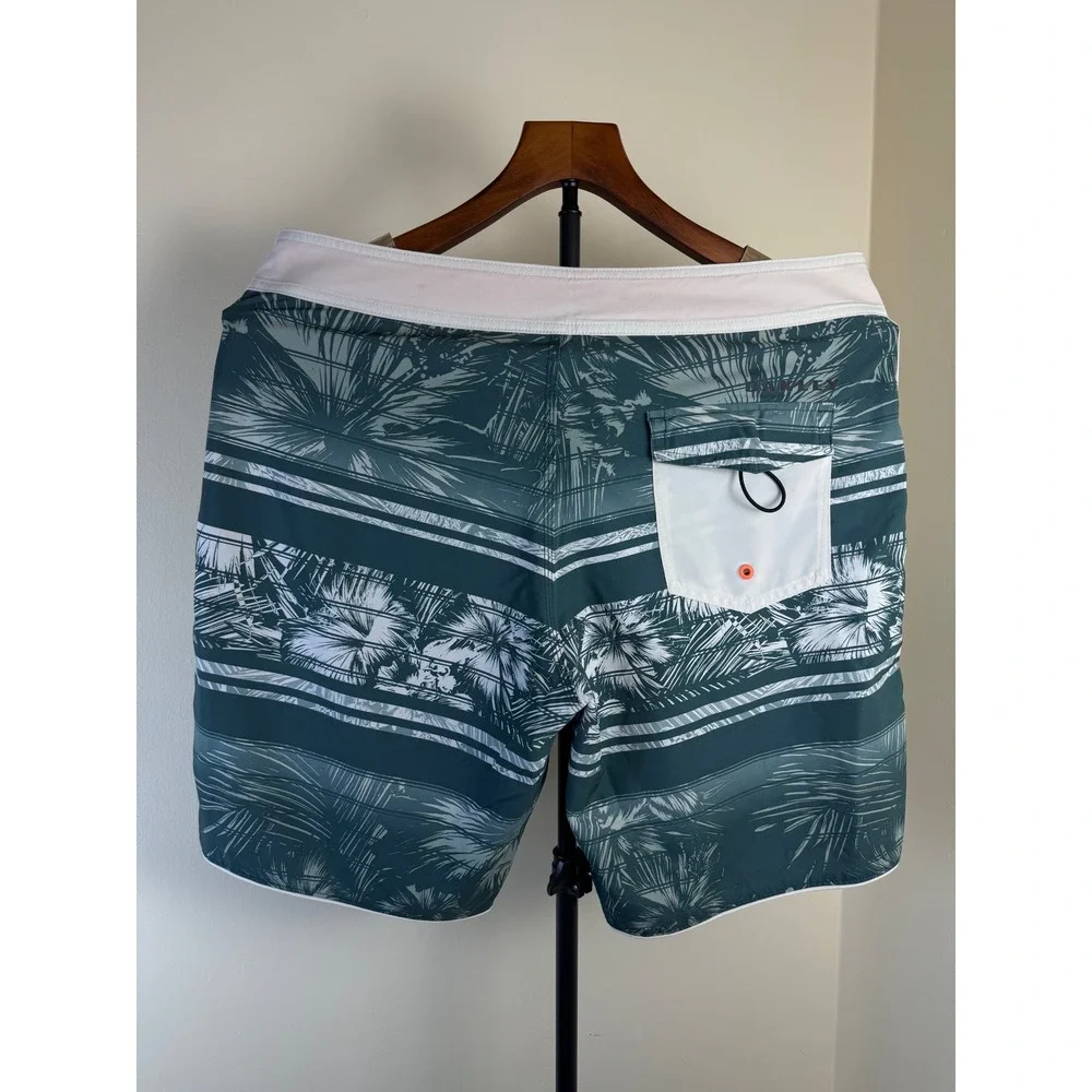 Oakley Mens Board Shorts Teal Green Tropical Palm Stripe Swim Trunks sz 36 Beach